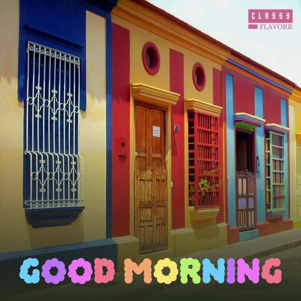 good morning village image of colourful houses